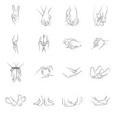Set of elegant silhouettes in a linear sketch style. Female and male hands and feet
