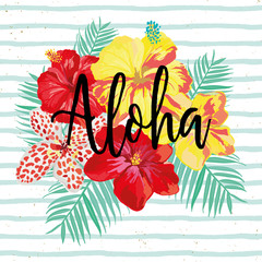 Hibiscus flowers and palm leaves on the striped background. Tropical print for tee shirt with message Aloha. Vector design of the poster or card, decor for home, pillow. © ojardin