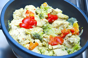 A dish of chicken and vegetables cooked in a frying pan