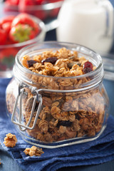homemade healthy granola in glass jar and berries