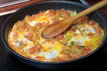 Traditional Turkish cuisine, Menemen. ( omelette with tomato,green pepper, onion )