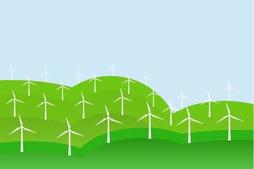 Obraz premium White windmills on green fields, blue sky, landscape, background, vector
