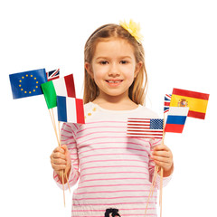 Girl with flags of European nations and USA