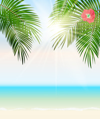 Fototapeta na wymiar Summer Time Palm Leaf Seaside Vector Background Illustration