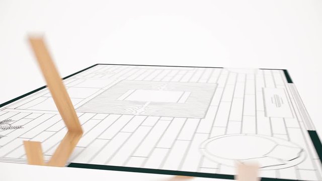 Constructing a 3d living room interior from a floor plan drawing inside of an architecture studio.