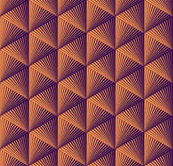 Seamless op art pattern of lined triangles in orange and purple. Stylish, geometric background vector design, hexagonal grid. Simple to edit, without gradient.