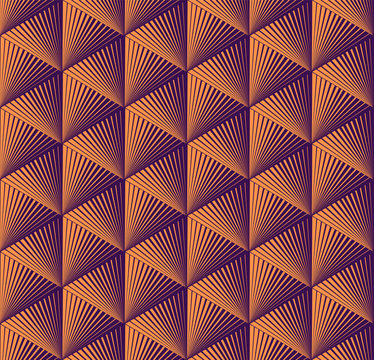 Seamless op art pattern of lined triangles in orange and purple. Stylish, geometric background vector design, hexagonal grid. Simple to edit, without gradient. © yorinworks