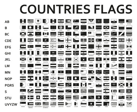 alphabetically sorted monochrome or black flags of the world with official and detailed emblems