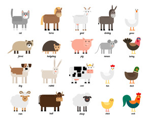 Cute collection of different colored farm animals and birds