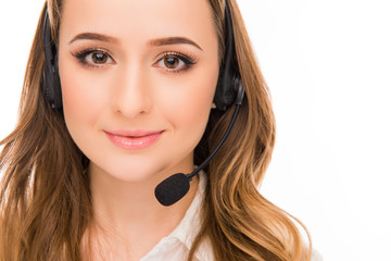 Close up portrait of young cheerful agent of call centre