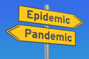 epidemic vs pandemic concept on the road signpost. 3D rendering