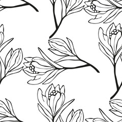 Spring flowers seamless pattern. Sketch style outline flowers. 