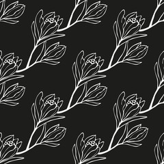 Spring flowers seamless pattern. Sketch style outline flowers. Vector illustration