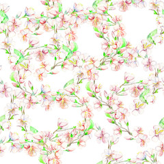 Obraz na płótnie Canvas Cherry, apple, flowers. Watercolor seamless pattern.