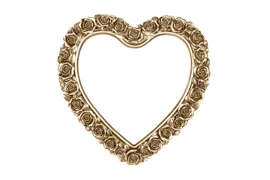 Golden heart picture frame isolated on white with clipping path.
