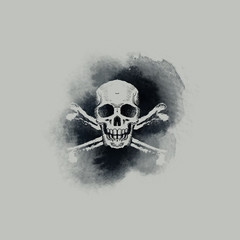 Skull and crossbones on smoky watercolour backdrop. Vector illustration