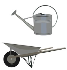 Garden set with wheelbarrow and ewer, isolated vector