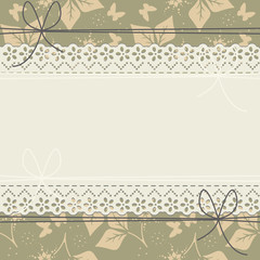 Horizontal lace frame with spring leaves, flowers and butterflie