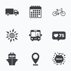 Transport icons. Truck, Bicycle, Bus and Ship.