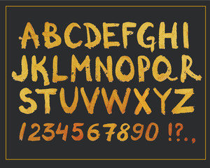 Golden Hand Drawn Font. Hand Written Glitter Modern Alphabet and Numbers. Vector Design Symbols.