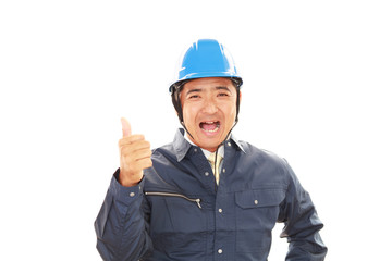 ガッツポーズの労働者