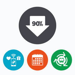 90 percent sale arrow tag sign icon.