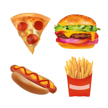 Vector Realistic fast Food Set. Burger, Pizza, Beverage, Coffee, French Fries, Hot Dog,  Ketchup, Mustard. Isolated On White background