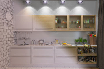 Fototapeta na wymiar 3d render of kitchen interior design in a modern style.