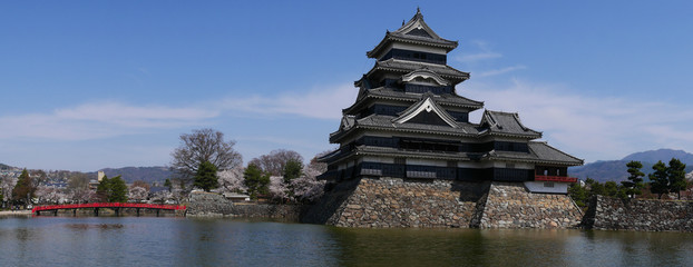 Panorama of Matsumoto castle with blue sky in Nagono