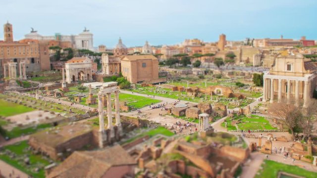Tilt shift time lapse with a scenic view over the ruins of the Roman Forum in Rome, Italy