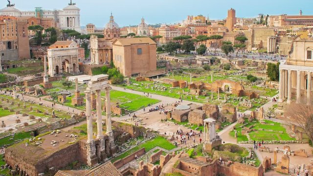 Time lapse with zoom on a scenic view over the ruins of the Roman Forum in Rome, Italy