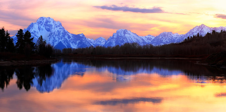 Grand Tetons Reflecting At Sunset Panorama