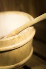Wooden sauna bucket and spoon