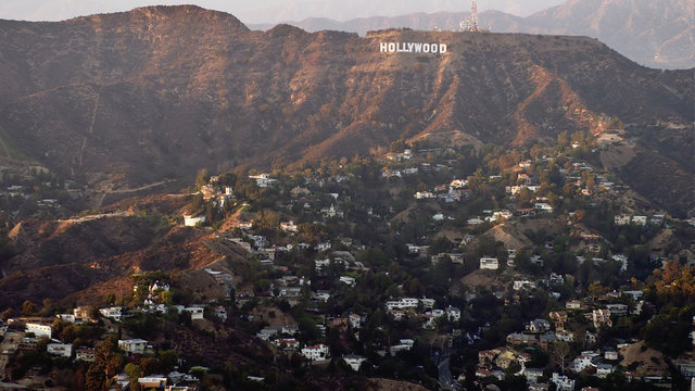 Aerial view of Hollywood sign over Los Angeles cityscape, California, United States