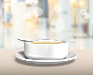 Soup bowl with tray and spoon