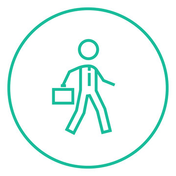 Businessman walking with briefcase line icon.