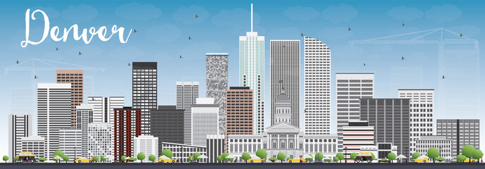 Denver Skyline with Gray Buildings and Blue Sky. - obrazy, fototapety, plakaty