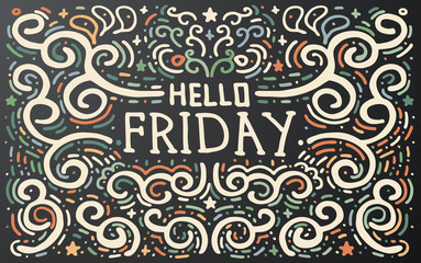 Hello Friday. Hand drawn vintage print with curly ornament.