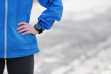 Watch for sports with stop watch. Jogging training for marathon.