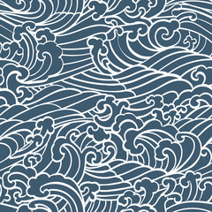 Naklejka premium Deseniowa Bezszwowa ocean fala ręki remisu azjata stylu biała ręka rysująca na błękitnym tle