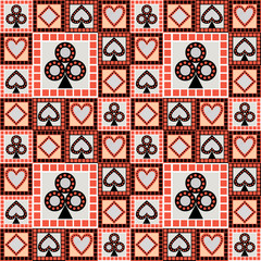 Seamless vector pattern with icons of playing cards. Bright red and black asymmetrical geometric background. Decorative repeating ornament. Series of Gaming and Gambling Seamless Pattern