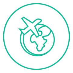 Airplane flying around the world line icon.