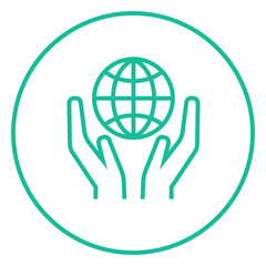 Two hands holding globe line icon.