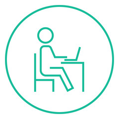 Student sitting on chair in front of laptop line icon.