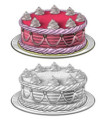 Birthday cake in engraving style, isolated, grouped on transparent background
