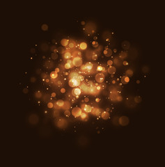 Bokeh effect golden light background. Golden Christmas concept. Vector yellow sparkling light explosion backdrop. Shiny volume star dust golden light on black background
