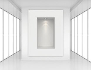 Exhibit Showcases with light sources in blank interior room large windows