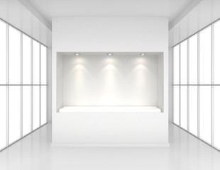 Showcase with lights and podiums for samples product in blank interior room large windows