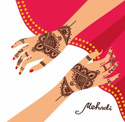 Element yoga mudra hands with mehendi patterns. Vector illustration for a yoga studio, tattoo, spas, postcards, souvenirs. Indian traditional lifestyle.