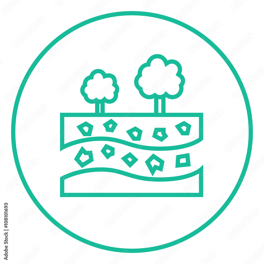 Poster cut of soil with different layers and trees on top line icon.